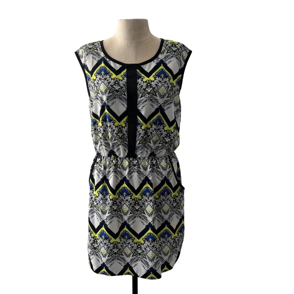 Maude Black Neon Yellow Geometric Print Mini Dress Size S Pockets Sleeveless